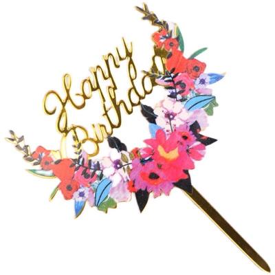 China Disposable Colored Cake Topper Supplier Decoration Happy Birthday Party Dessert Party Decoration INS Flower Style Gold Acrylic Sign for sale