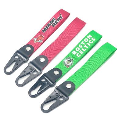 China Portable Wholesale High Quality Basketball Team Fans Gifts Custom Screen Print Colorful Logo Carabiner Ribbon Woven Printed Key Chain for sale