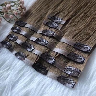 China Dark Brown Color Virgin Remy Brazilian Hair Invisible Straight Silky Straight Clip In Hair 100% Hair Extensions for sale