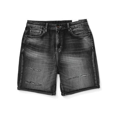 China Breathable men [loose fit] washed, striped, cashew flower decoration, denim five point shorts for men for sale