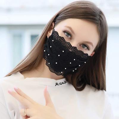 China Breathable Fashion Lace Face Masks Disguise Reusable Face Masks And Washable Cotton Lace Up Pearl Face Masks for sale