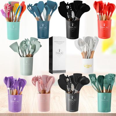 China Sustainable 12 Pieces In 1 Set Silicone Kitchen Accessories Cooking Tools Kitchenware Silicone Kitchen Utensils With Wooden Handles for sale