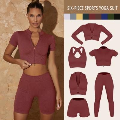 China Custom Logo Wholesale Seamless breathable 2/3/4/5 piece yoga set crac! crack! Butt Lift Gaiters Ribbed Crop Top Women Workout Gym Yoga Set for sale