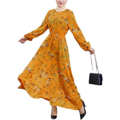 China 2022 New Summer Daily Casual Formal Muslim Women's Abaya Neck Dress Long Sleeve Long Floral Chiffon Holiday Round Casual Dress Sheath Neck Dress for sale