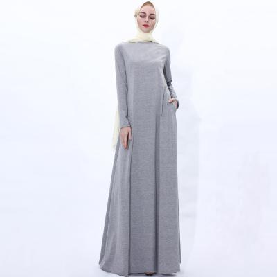 China Simple Round Neck Gray Solid Color Muslim Women's Dubai Dress Arab Formal Daily Casual Long Dress for sale