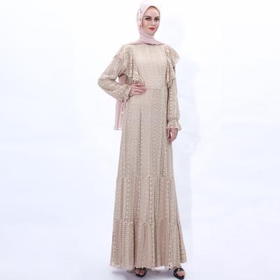 China Plus Size 2022 New Arabic Dubai High End Lace Ruffle Maxi Dress Solid Color Muslim Muslim Maxi Dress for sale