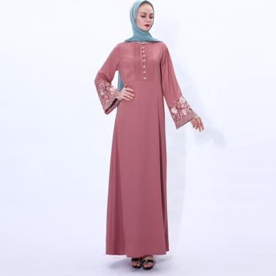 China Dubai Solid Color Women's Long Sleeve Flower Trumpet Dress Daily Casual Formal Arab Muslim Women Big Branch Exquisite Embroidery Long Sleeve Dress for sale