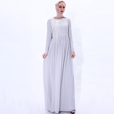 China Dubai Solid Color Pearl Chiffon Flower Embroidered Maxi Dress Arabic Formal Casual Daily Muslim Muslim Women Long Dress for sale