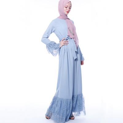 China Dubai Dress Women Solid Color Muslim Women Arabic Formal Daily Casual Long Dress Blue Lace Muslim Maxi Dress for sale