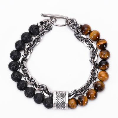 China Fashion Male Jewelry Tiger Eye Bead Bracelet 2022 Fashion Double Layered Stainless Steel Chain Bracelet For Men Natural Stone Bracelet for sale