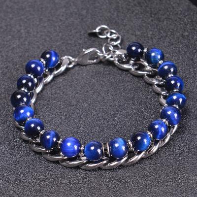 China New Double Layers CLASSIC 2022 Tiger Eye Stainless Steel Beaded Bracelet Men Punk Blue Jewelry Natural Stone Beads Bracelet for sale