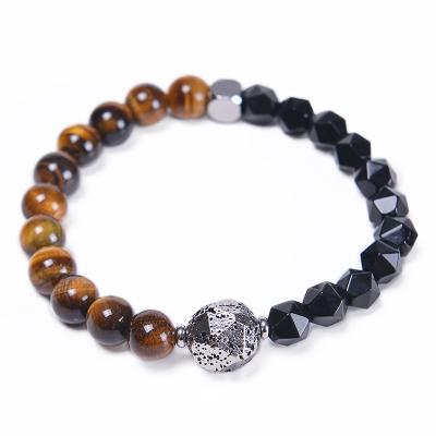 China New Trendy Punk Tiger Eye Black Beads Bracelet Natural Stone Beaded Bracelet 12MM Cutting Lava Rock Stone Essential Oil Diffuse Bracelet for sale