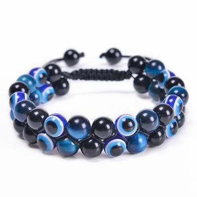 China New Arrival Punk Bracelet 8MM Tiger Eye Stone Black Magnet Double-row Devil's Eye Braided Natural Stone Bracelet Male Jewelry for sale