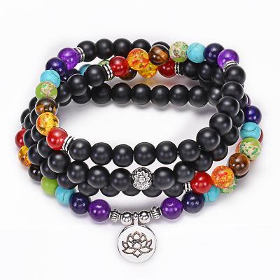 China New Fashionable 108 Beads Mala Black Matte Bracelet 7 Multilayer BOHEMIA Chakra Bead Bracelet Tree Of Life Lotus OM Pendant Beaded Bracelet for sale