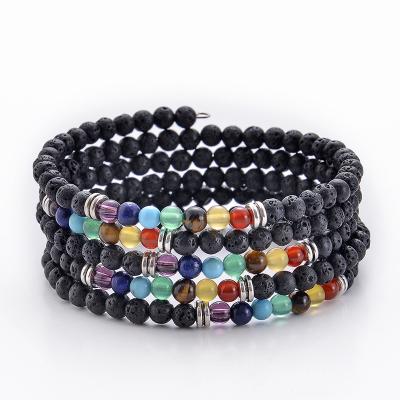 China Vintage Natural Stone Beaded 7 Chakra Beads Bracelet 6mm Lava Rock Winding Bracelet Multilayer Diffuse Essential Oil Bracelet Wholesale for sale