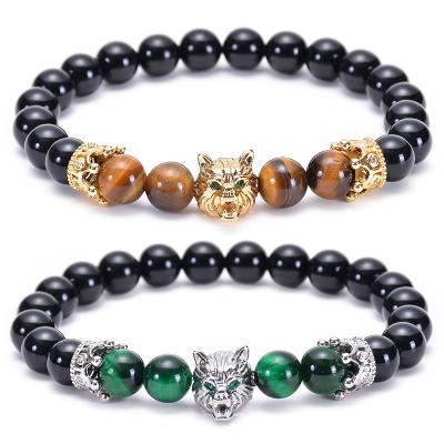 China European and American Punk Tiger Eye Black Agate Bracelet Natural Copper Inlaid Zircon Crown Bracelet with Wolf Head Jewelry Men for sale