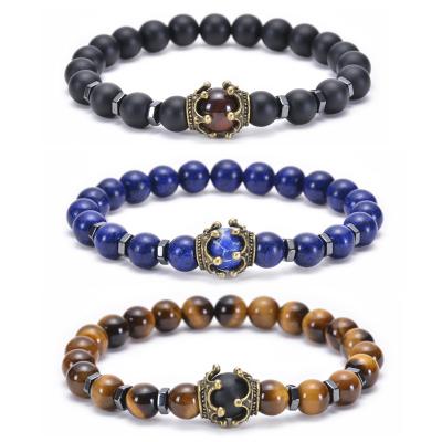 China Trendy Trendy Tiger Eye Beaded Copper Crown Elastic Natural Lapis Lazuli Frosted Stone Beaded Bracelet for Men and Women for sale