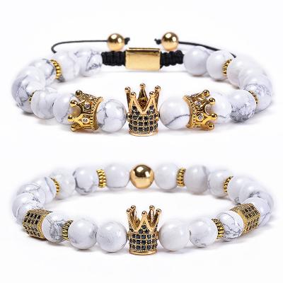 China New Arrival 8MM Howlite FASHIONABLE White Crown Bracelet Copper Micro-inlaid Zircon Crown Bracelet Couple Set Natural Stone Beads Bracelet for sale