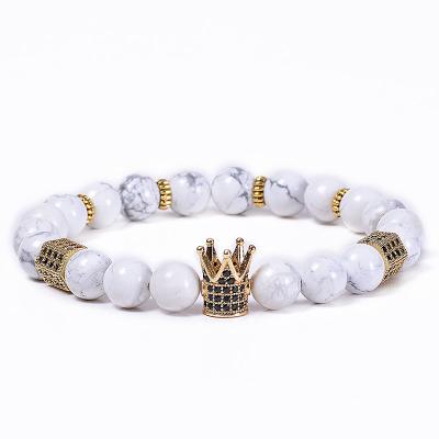 China Romantic Natural White Beaded Crown Bracelet Copper Zircon Howlite Bracelet Natural Stone Stone Beads Couple Bracelet For Women Men for sale