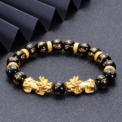 China Natural Black 10MM CLASSIC Carrying Six-character Agate Charm Bracelet Feng Shui Pixiu Bead Charm Bracelet For Women Men for sale