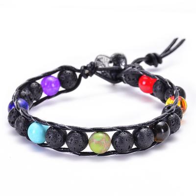 China Trendy Lava Rock Colorful Chakra Beads Rope Fashion Natural Stone Essential Oil Leather Diffuser Bracelet Beaded Braided Bracelet for sale