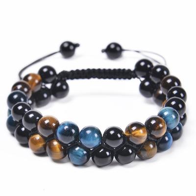 China New FASHIONABLE Stylish Tiger Eye Black Agate Bracelet 8MM Blue Double-Layer Braided Natural Stone Bracelet For Men Health Protection Energy for sale