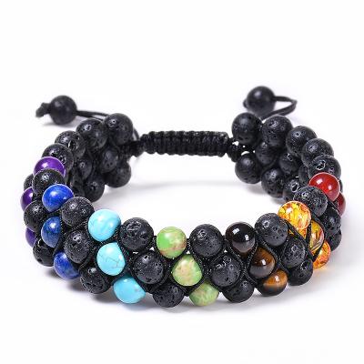 China CLASSIC Three Layers Black Lava Volcanic Stone 7 Chakra Beads Adjustable Natural Stone Bracelet Bangle Essential Oil Diffuser Bracelet for sale