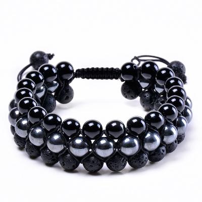 China Fashion CLASSIC Three-row Lava Rock Hematite Black Agate Beads Bracelet Essential Oil Diffuser Healing Energy Balance Bracelet Unisex for sale