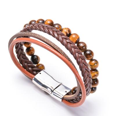 China Fashionable Multilayer Natural Bracelet Europe and America Tiger Eye Leather Rope Magnet Clasp for Men's Natural Stone Beaded Bracelet for sale