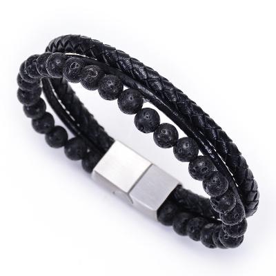 China FASHIONABLE Leather Oil Diffuser Lava Stone Beads Bracelet Essential European and American Natural Stone Rope Stainless Steel Bracelet Men for sale