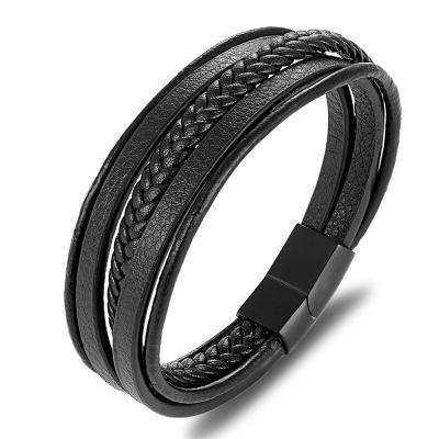 China Punk Trendy Multilayer Leather Rope Braided Bracelet For Women Men Magnetic Stainless Steel Buckle Leather Bracelet Jewelry for sale