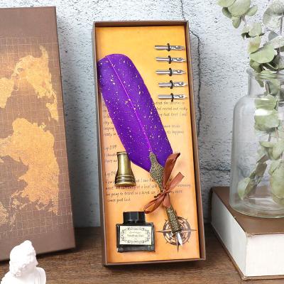 China Wholesale Cheap Promotional Fountain Pen Set Custom Logo Retro Feather Fountain Pen Set With Ink Calligraphy Feather for sale