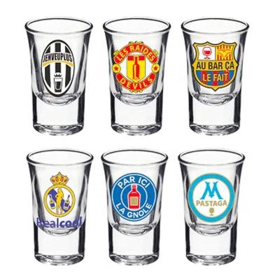 China Factory Made Glass Shooting Mug Football Pattern Decal Vodka Glass Shot Cup Mug / Vodka / Euro Style Shot Glass Cup For Home Kitchen & Dining Bar for sale