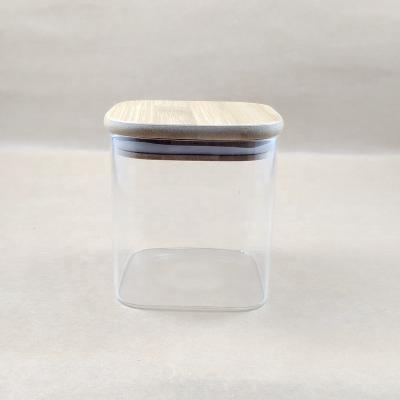 China New viable factory supply cube design food storage glass jar/square shape/bamboo storage glass tube bottle stash lid for home for sale