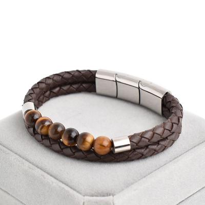 China TRENDY Custom Leather Gemstone Jewelry Stainless Steel Bracelet For Women Mens for sale