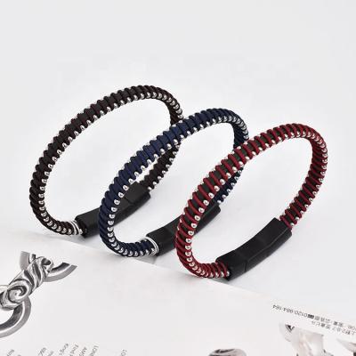 China Magentic stainless steel FASHIONABLE nylon braided men's leather bracelet for men for sale