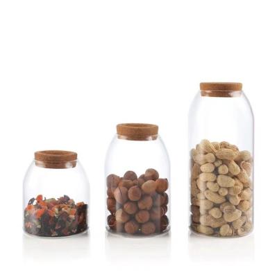 China New Arrival Viable Clear Blown Mouth Cylinder Glass Storage Jar With Corked Buttons Cap for sale