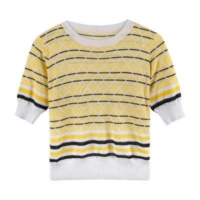 China High Quality Anti-wrinkle Women's Sweaters Casual Short Sleeve Crewneck Color Stripe Patchwork Sweater Knit Sweater Tops for sale