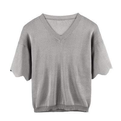 China High Quality Anti-Wrinkle Women Short Sleeve Lightweight Sweater Knitted Leisure Style Gray Soft Pullover Shirt for sale