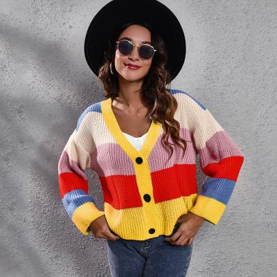 China Springway Anti-wrinkle Contrast Color Stripe Cardigan Sweater Coat Shorts Knit Wear Women's Autumn 2022 Women Clothes for sale