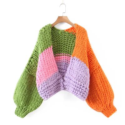 China Anti-Wrinkle Hand Knit Color Blocking Rainbow Sweater Coat Casual Long Sleeve Plus Size Cardigan Sweaters Women Knit Cropped Cardigan Top for sale