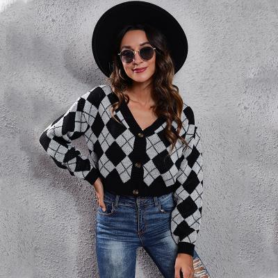 China autumn parride knitted women's clothing street casual v-neck plaid knitted argyle button through cardigan sweater for women for sale