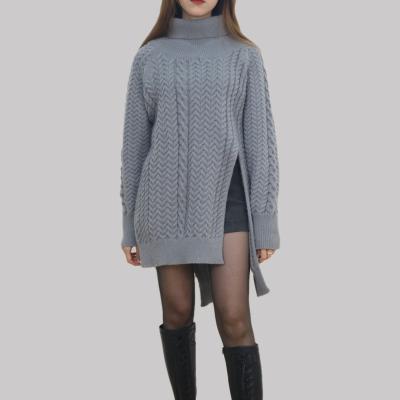 China anti-wrinkle design new long sleeve cable knitted sweater oversized short front and long back plus size pullover knit turtle neck women sweaters for sale