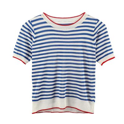 China Anti-Wrinkle Anti-Wrinkle V-Neck Blue and White Men's T-shirt Contrast Summer Navy Thin Stripe High Quality Loose and Based Short Sleeve Top for sale