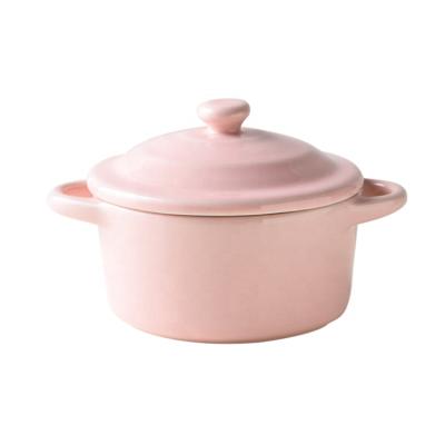 China Sustainable Soft Sense Of Ceramic Pink Color Microwave Soup Bowl Oven Round Cooking Bowl Tableware With Double Handle And Lid Dinner Bowl for sale