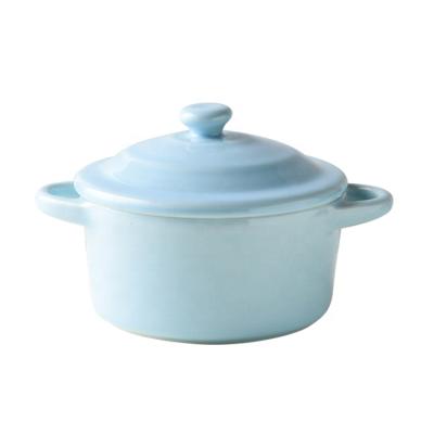 China Morden Viable Nordic Small Size Ceramic Color Glazed Mini Sky Blue Soup Salad Snacks Cooking Bowl With Lid And Handle for sale