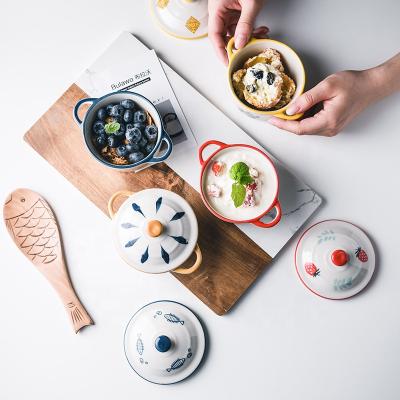 China Viable small capacity 200ml ceramic hand painted mixing bowl with double ears and lid for fruit salad and yougurt for sale