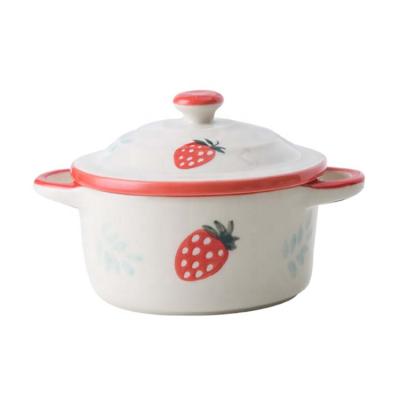 China Durable high quality 200ml porcelain bakeware bowl with cute double ears cover and strawberry color pattern dessert bowl for sale