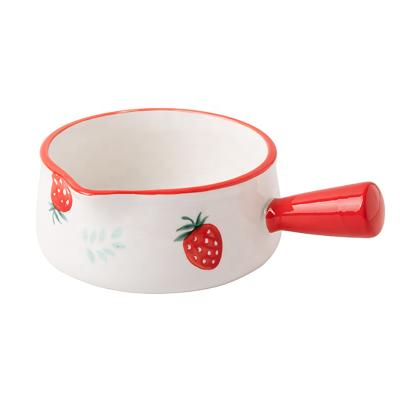 China 400ml viable ceramic breakfast salad fruit yougurt bowl with hand-painting handle and strawberry red color simple pattern for sale