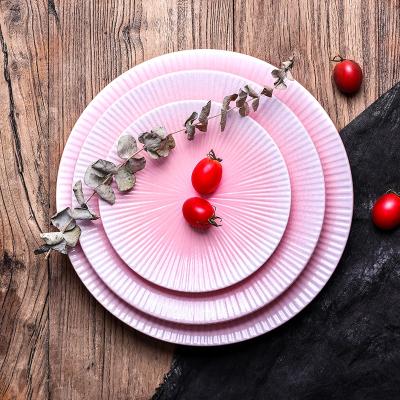 China Durable Dinnerware Manufacture Durable Stoneware Porcelain Flat Pink Color Three Sizes Round Plate With White Color Decorated Side for sale